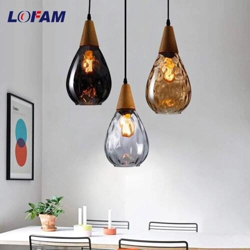 LOFAM Nordic LED Pendant Lights Water Drop Glass Wood Loft Pendant Lamp Kitchen Light for Loft Kitchen Cafe Bar Dining Room