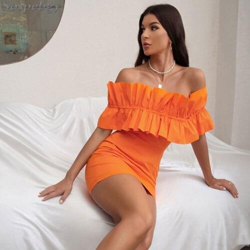 Fashion Womens One-line Neck Folds Ruffled Thin Mini Dress Sexy Sleeveless Orange Bodycon Celebrity Party Dress Vestidos