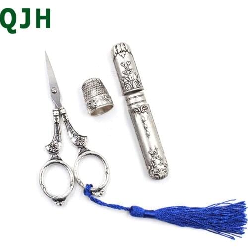 European Classical Scissors Kit With Thimble&Needle Cylinder,Professional Cross Stitch DIY Sewing Tools Vintage Silver Shears