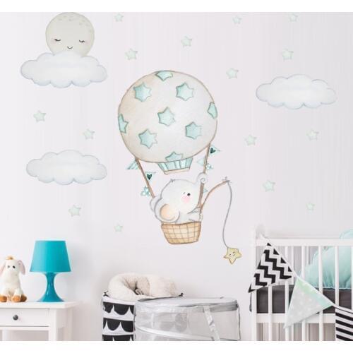 Cartoon Baby Elephant Wall Stickers for Kids Room Baby Nursery Room Decoration Hot Air Balloon Wall Decals Cloud Moon Stars PVC