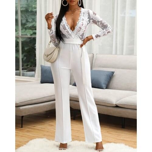 New 2021 Women Elegant Fashion Party Romper Female Pocket Lace Bodice Plunge Long Sleeve Jumpsuit
