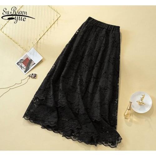 Autumn Casual Lace Black Skirt High Waist Loose Skirts Womens 2021 New Floral Mid-Calf Plus Size Women Skirt Mujer Faldas 9833