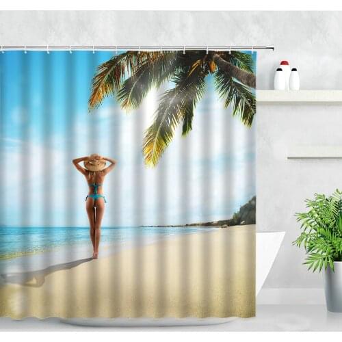Sea Beach Sexy Fashion Girl Printed Bath Screen Resort Palm Tree Ocean Scenery Bathroom Curtains Wall Decor Cloth Shower Curtain