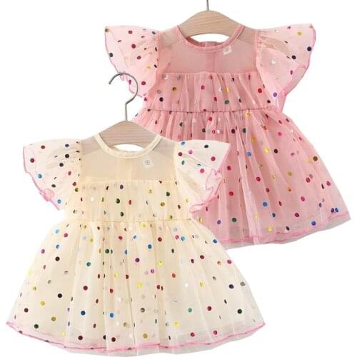 Mesh Baby Girls Dress Dots Transparent Shoulder Toddler Ball Gown Summer Childrens Outfit Kids Clothes