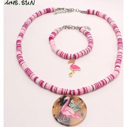 MHS.SUN Fashion Soft Polymer Clay Beads Bohemian Necklace Flamingo Pendant Necklace Bracelet For Kids Girls Charm Jewelry Gift