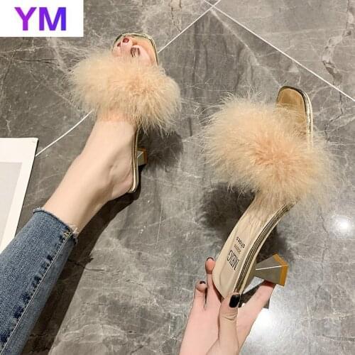 Hot Women Sandals Summer 2021 New Fashion Stiletto Sandals Fur Open Toe High Heel Zapatillas Mujer Casa Sapatos Femininos 34-40