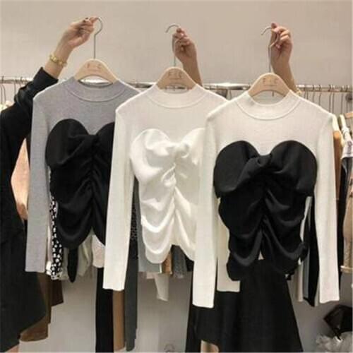 Women Casual T-shirts Autumn Korean Style Chic Vintage Patchwork Knit Temperament O-neck Long-sleeved Elastic Tees 2020 A5018