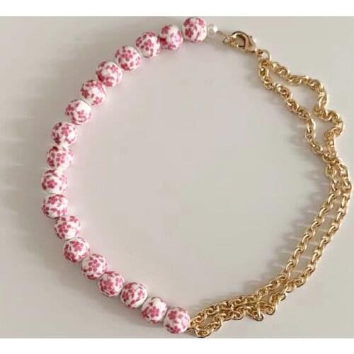 Women Exquisite Ceramic Beads Necklace Pink Blue Printed Bead Punk Chain Asymmetric Design Neck Accessory Banquet Party Jewelry