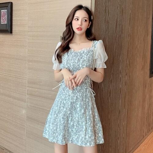 Summer Women Mini Chiffon Stitching Fashion Square Neck Sexy Lace Up Waist Slimming Floral One Piece Dress Korean 2021 New