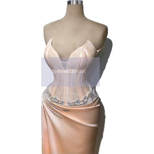 Elegant Pink Strapless Mermaid Evening Dress Floor-Length Beaded Lace Prom Dress Robe De Soiree Aibye Night Vestidos 2020 Dubai