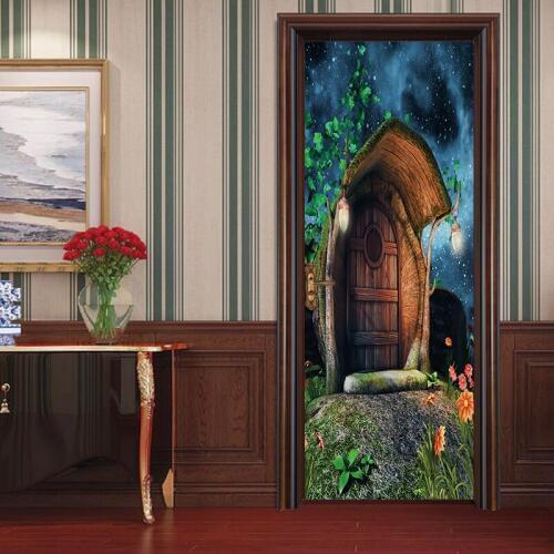 3D Art Doors sticker Forest Huts Scenery Oil Painting Door Paint Bedroom Living Room Corridor Door Decorative PVC Wall Stickers