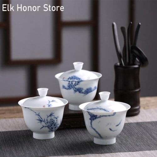 170ml White Porcelain Tea Tureen Hand Painted Bamboo Fish Blue And White Ceramic Bowl With Lid Milk Oolong Tea Office Decoration