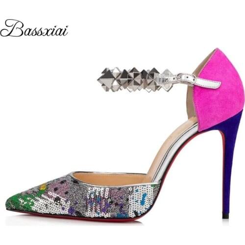 Colorful Bling Sequins Point Toe Sandals Women 10cm Thin High Heel Cover Heels Rivet Belt Buckle Summer Sandalias