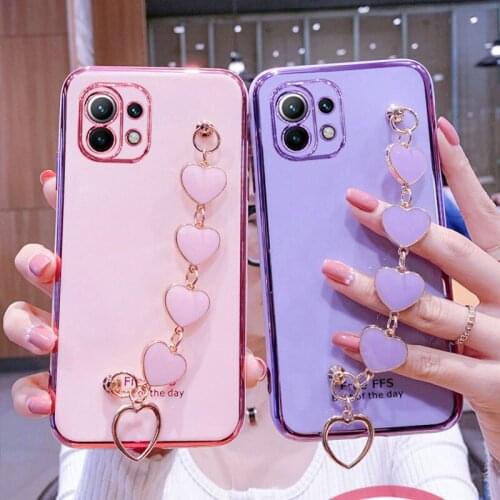 Wrist Bracelet Phone Case For Xiaomi Mi11 Lite Case Luxury Heart Chain Plating Cover Capa Xiaomi Mi 11 Pro Lite Mi11x Silicone