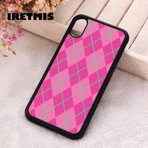 Iretmis 5 5S SE Phone Cover Case for iPhone 6 6S 7 8 Plus X Xs XR 11 12 Mini Pro Max Rubber Cute Watermelon Pink & Green Argyle