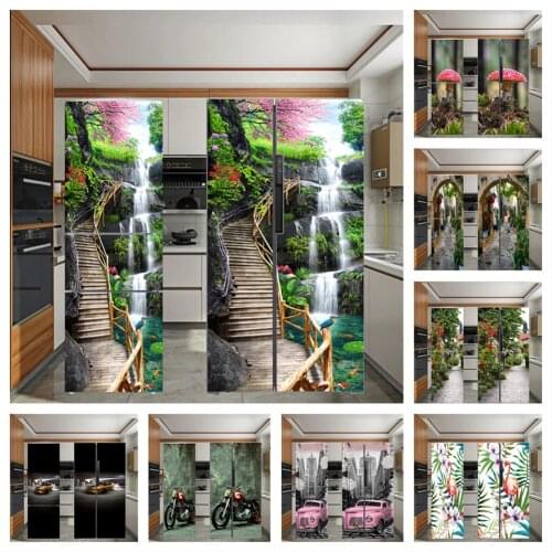 Wooden Bridge Stair Refrigerator Covering Sticker Door Wrap For Fridge Flower Floral Printed Poster Kitchen Upholstery Wallpaper