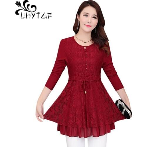 UHYTGF Women T-shirts fashion lace long sleeve spring autumn top female solid color wild elegant mother 4XL plus size shirt 1531