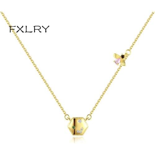 FXLRY Simple Gold Color hexagon with zircon pendant Necklaces for Women Fine Jewelry Accessories