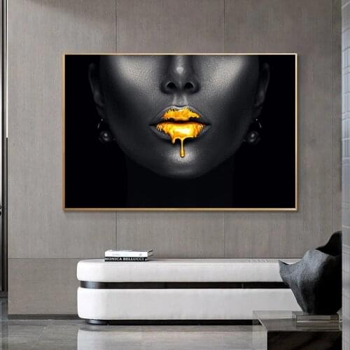 African Women Golden Lips Canvas Painting Modern Art Posters and Prints Cuadros Wall Art Picture for Living Room Home Decoration