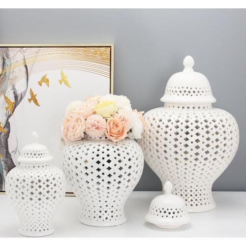 Creative White Ceramic Hollow Vase Decoration Storage Jar Multifunctional Candle Holder with Lid Home Decoration Accessories