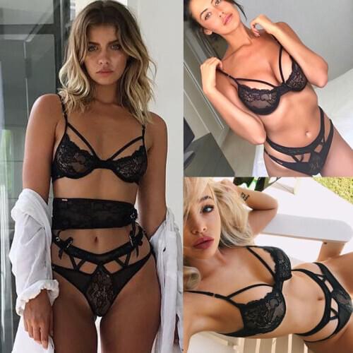 2PCS/Set Women Sexy Charm Black See Through Bra+Hollow Out High Waist Briefs Lingerie Sets Babydoll Thong Underwear Nightwear