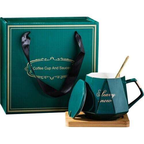 Nordic Creative Diamond Ceramic Coffee Cup, Mug with Lid, Spoon, and Base Set Gift Box