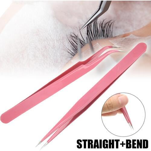 Mayitr 2pcs Fashion Pink Stainless Steel Eyelash Extension Straight+ bend Optional Tweezers Professional Eye Lashes Tweezers