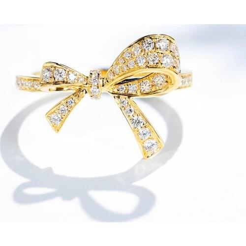 Cute Female White Crystal Stone Ring Classic Zircon Gold Color Engagement Ring Luxury Bridal Bowknot Wedding Rings For Women