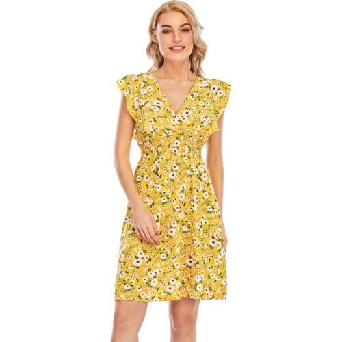 Fashion Womens Chiffon Ruffles Sleeveless V-neck Print Dress Beach Dress New 2021 Yellow Sundress Vacation Clothes For Women