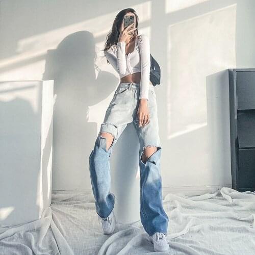 2021 New Gradient Straight Jeans High Waist Loose Pendant American Retro Style
