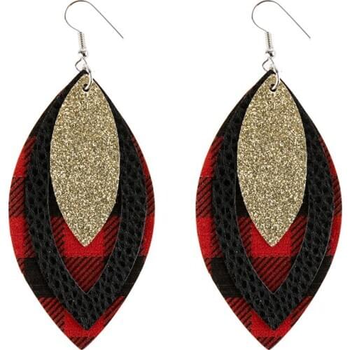 New! New Splice Triple Glitter Buffalo Plaid Teardrop Leather Earrings Layered Exaggerated Hollow Leaf Shaped Earrings Custom