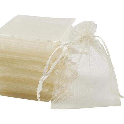 50pcs 9x7cm Organza Bags Jewelry Packaging Bags Wedding Party Decoration Drawable Bags Gift Pouches with Ribbons PapayaWhip
