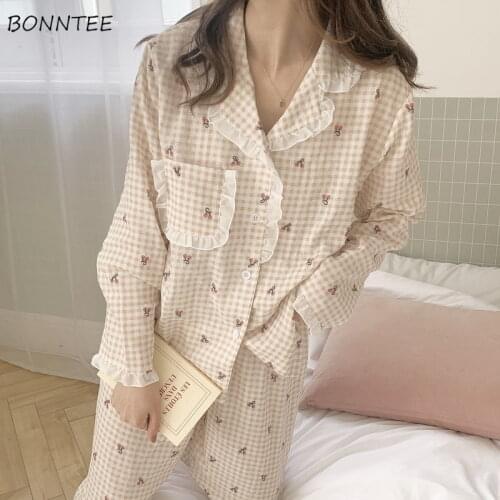 Pajama Sets Women Printed Sleepwear Autumn Kawaii Girls Long Sleeve Lovely Korean Style Cozy Nightclothes Homewear Female Chic