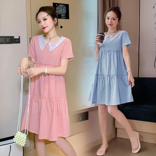 4753# Maternity Dress Summer Cotton Lace Collar Patchwork Short Sleeves Loose Stylish Dress Pregnant Women Mom Dress