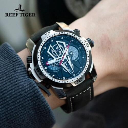 Reef Tiger/RT Top Brand Luxury Sport Men Automatic Watches Month Week Display Stainless Steel 100M Waterproof Mechanical Watches