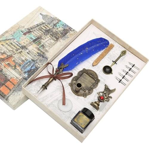 Natural retro goose feather dipped in water Fountain pen set school students with pen calligraphy set feather pen