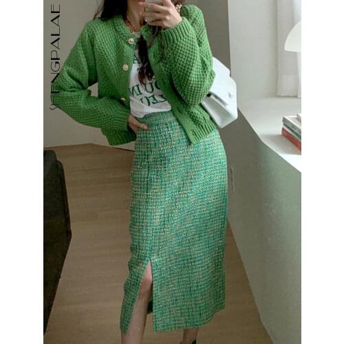SHENGPALAE Korean Fashion Chic Women’s New Round Neck Single Breasted Knitted Coat And High Waist Split Woolen Skirt For Women