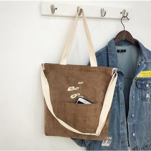 Women Corduroy Shoulder Bag Ladies Tote Bag Foldable Shopping Bags Embroidery Female Handbag crossbody bags for women bags