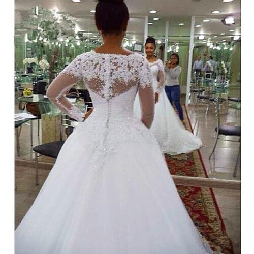 Vestidos de casamento 2022 Long Sleeve Wedding Dress Lace Appliqued Pearls Pure White luxury Plus Size Vintage wedding gowns