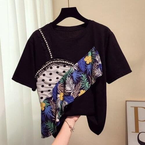 Heavy Industry Bead Printing Stitching Fake Two-piece Short-Sleeved T-shirt Female Spring Summer 2021 Women Korean Loose T-shirt
