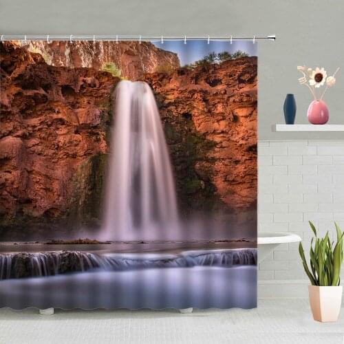 Waterfall Shower Curtain Forest Wooden Bridge Mountain Autumn Natural Scenery Bathroom Decoration Screen Curtains Washable Hooks