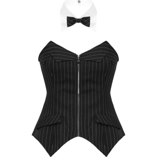 Womens Fashion Strapless Zipper Front Lace-up Back Striped Corset Basque Waist Cincher Bustier Lingerie Tops with Collar