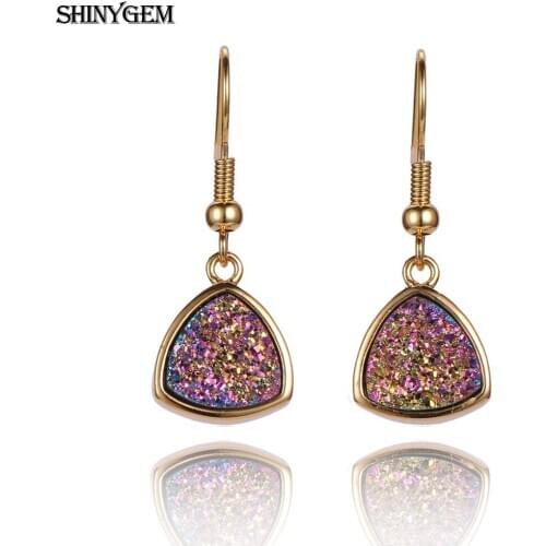 ShinyGem Trendy Triangle Druzy Crystal Earrings Sparkling Natural Opal Stone Gold Plating Drop Long Earrings For Women Wedding