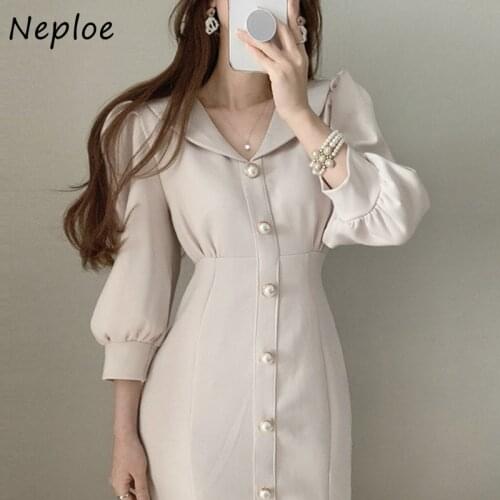 Neploe Korean Chic Temperament Lapel Robe Single Breasted Waist Vestido De Mujer Puff Sleeve Trumpet / Mermaid Dress Women