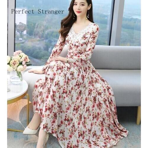 High Quality 2021 Spring New Arrival M-4XL V Lace Flower Printed Women Chiffon Long Dress