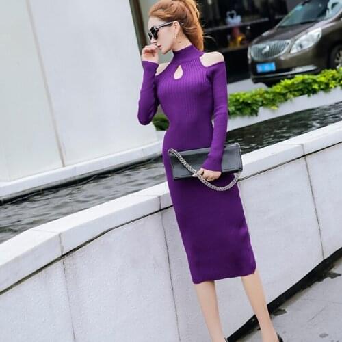 2021 New New Knitted Women Dresses Hollow Off Shoulder Long Sleeve Elastic Bodycon Dress Autumn Vintage Fashion Sweater Dress