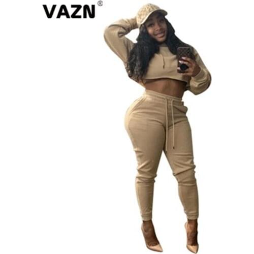 VAZN 2020 Top Quality High Street Sexy Young Soft Free Hooded Full Sleeve Top High Waist Long pants Skinny Women 2 Piece Set