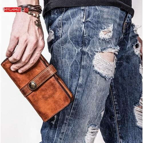 Long Retro Genuine Leather Mens Wallet Youth Personality Wallet Leather Mobile Phone Clutch Bag Card Holder Wallets Brown Male