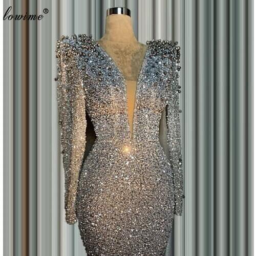 Dubai Plus Size Silver Evening Dress 2020 Long Mermaid Pearls Prom Gowns Party Muslim Formal Dresses Floor-length Free Shipping