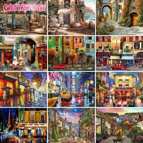GATYZTORY Oil Painting By Numbers Kits Scenery DIY Paint By Numbers On Canvas Frame 60x75cm Housing Street Draw Painting